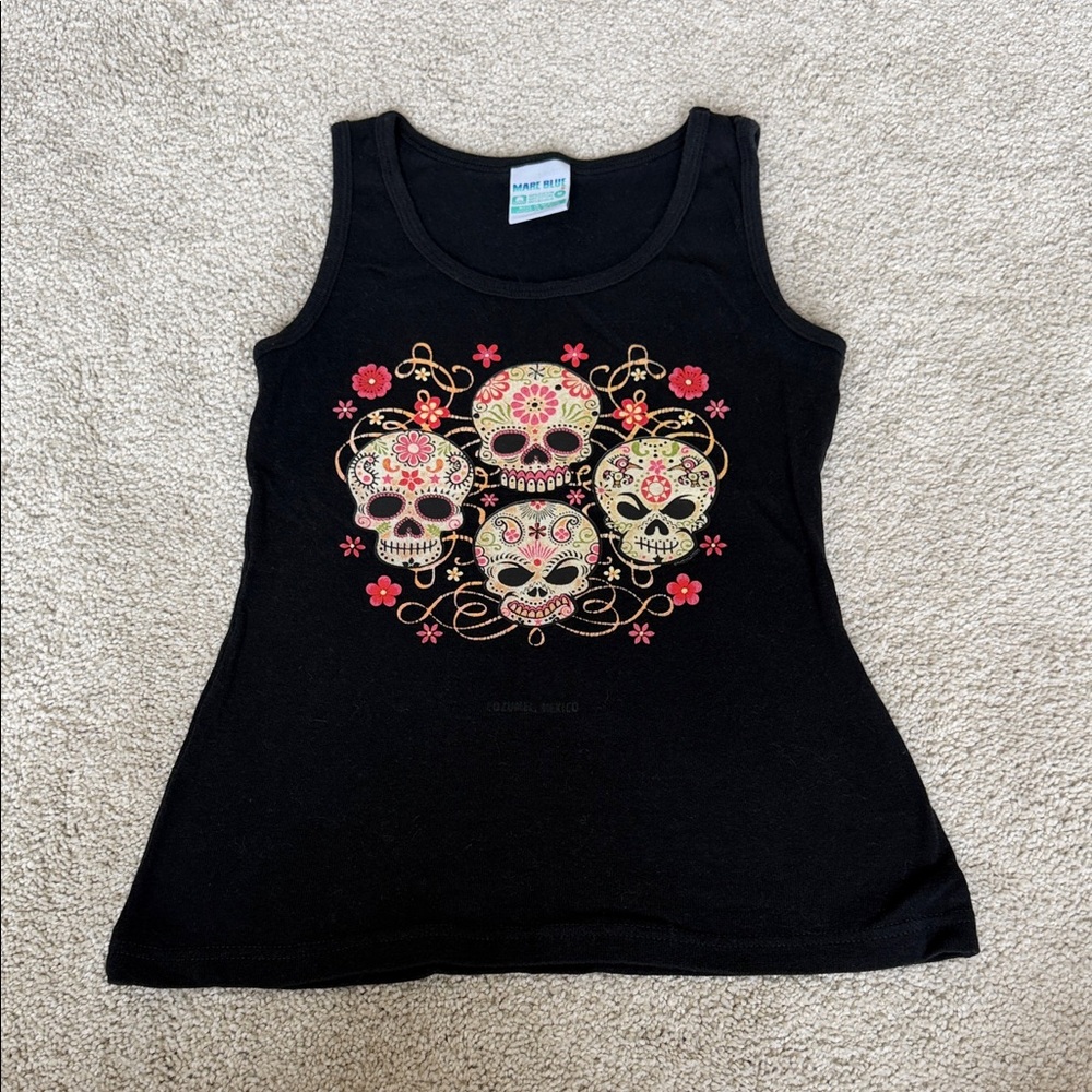 Black Tank Top with Colorful Sugar Skull Cluster